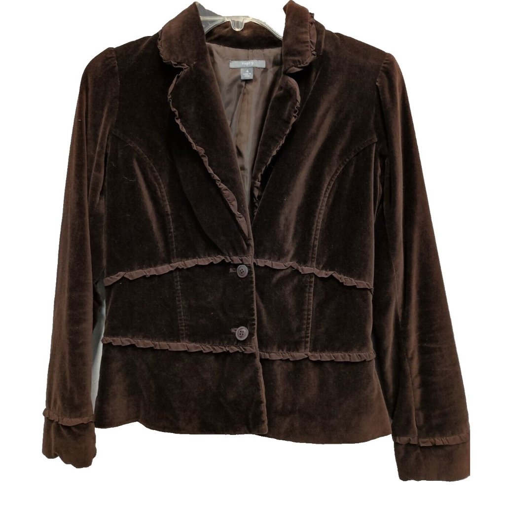 Vtg Y2k Apt.9 Blazer Jacket Womens 4 Brown Velvet Ruffle Academia Preppy Office